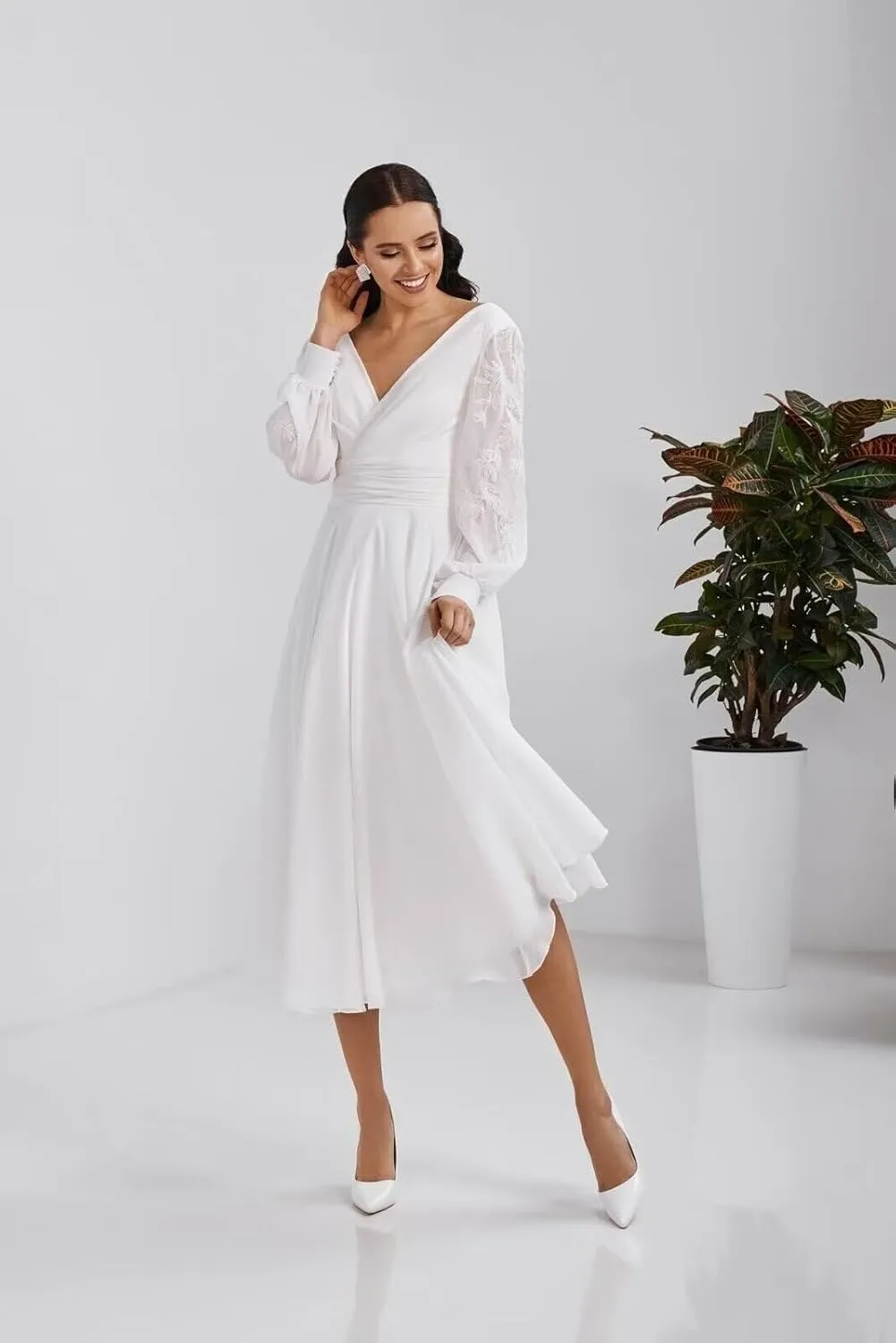 Women's Long Sleeves Tea Length Wedding Dress for Bride Chiffon V Neck A Line Midi Bridal Dress for Women