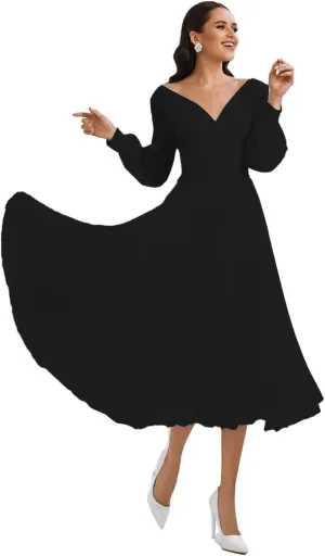 Women's Long Sleeves Tea Length Wedding Dress for Bride Chiffon V Neck A Line Midi Bridal Dress for Women