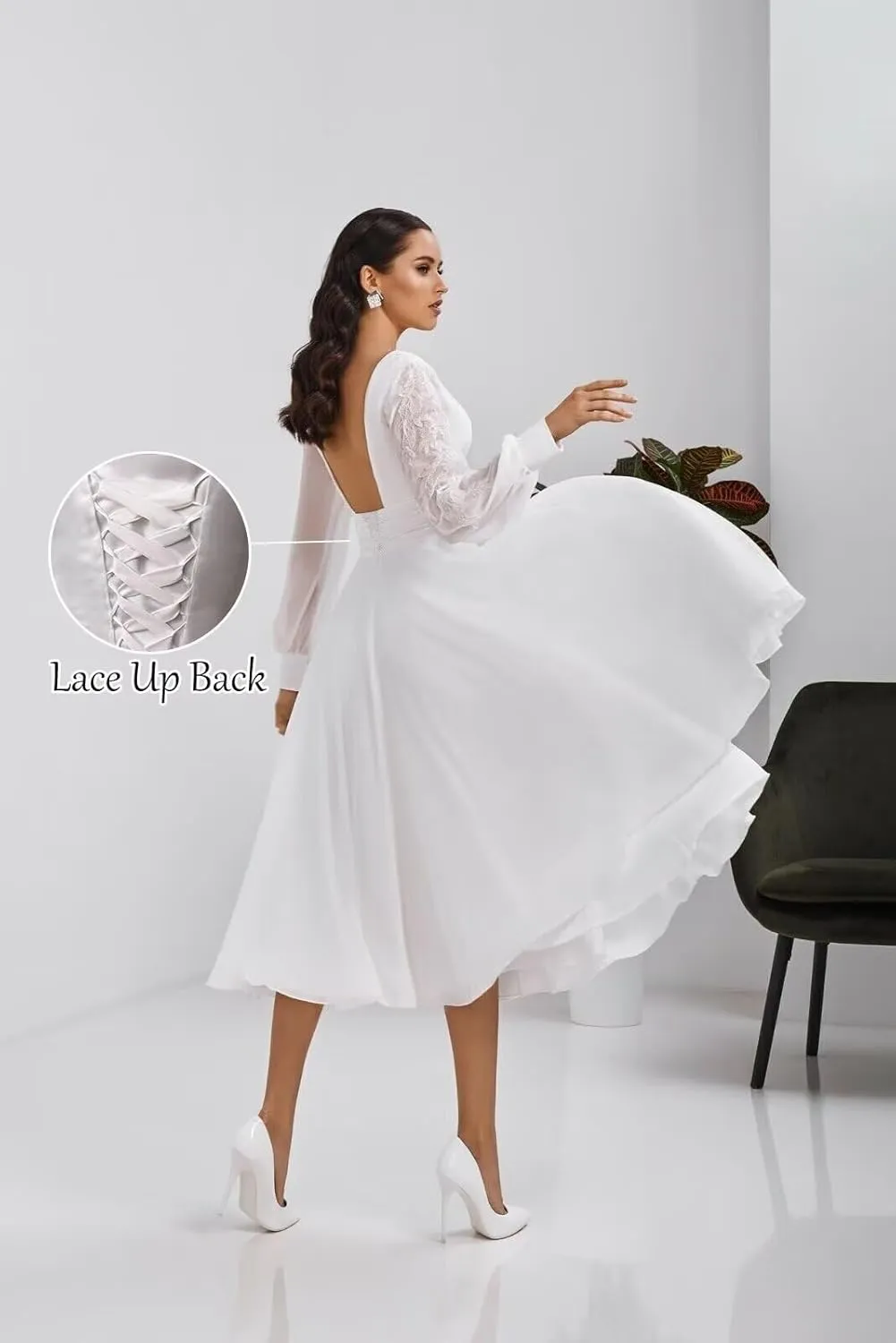 Women's Long Sleeves Tea Length Wedding Dress for Bride Chiffon V Neck A Line Midi Bridal Dress for Women