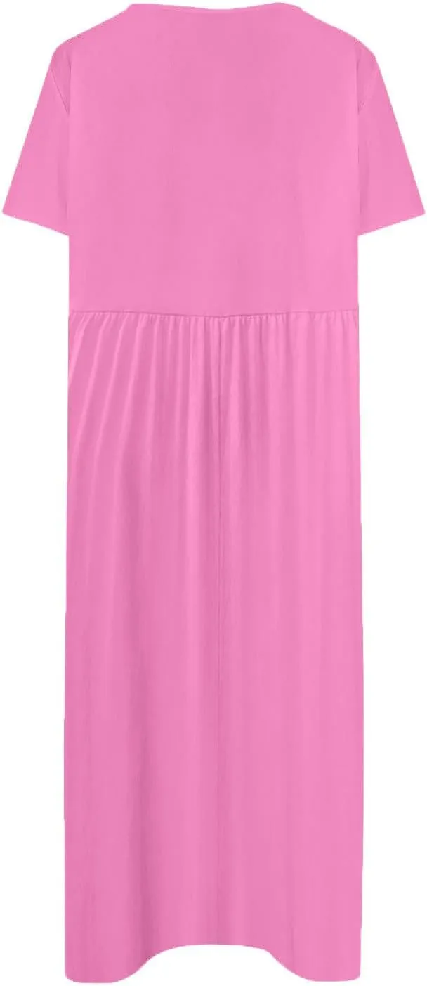 Women's Maxi Dresses 2025 Casual Loose Trendy Short Sleeve Round Neck Solid Color Vacation Dress, S-3XL