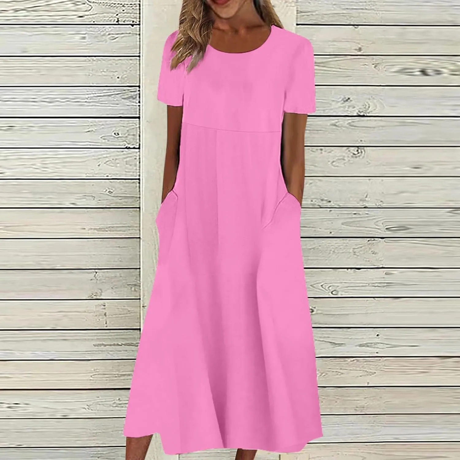 Women's Maxi Dresses 2025 Casual Loose Trendy Short Sleeve Round Neck Solid Color Vacation Dress, S-3XL