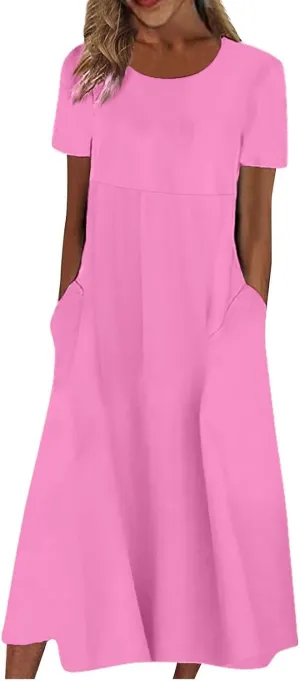 Women's Maxi Dresses 2025 Casual Loose Trendy Short Sleeve Round Neck Solid Color Vacation Dress, S-3XL