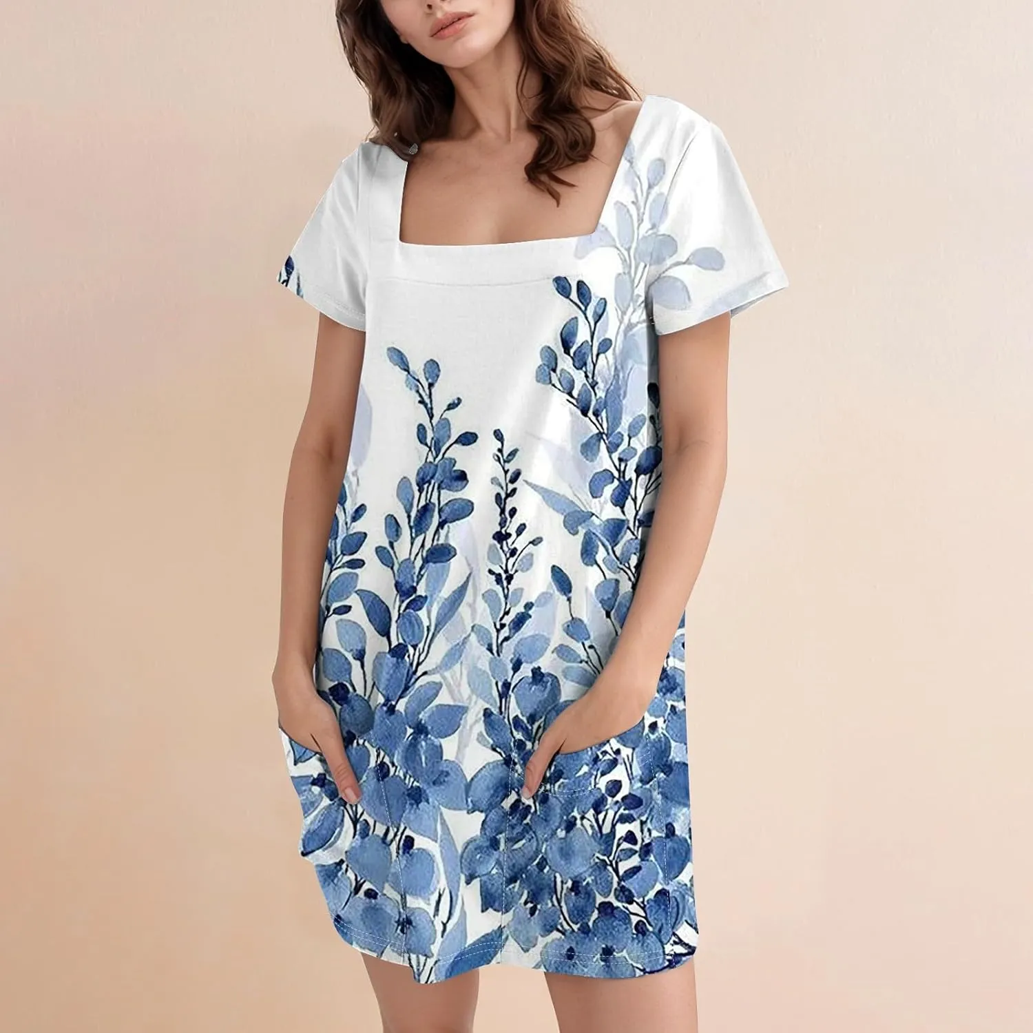 Women's Midi Dresses Summer Casual Trendy Dress Square Neck Short Sleeve Floral Print Solid Dresses, S-2XL