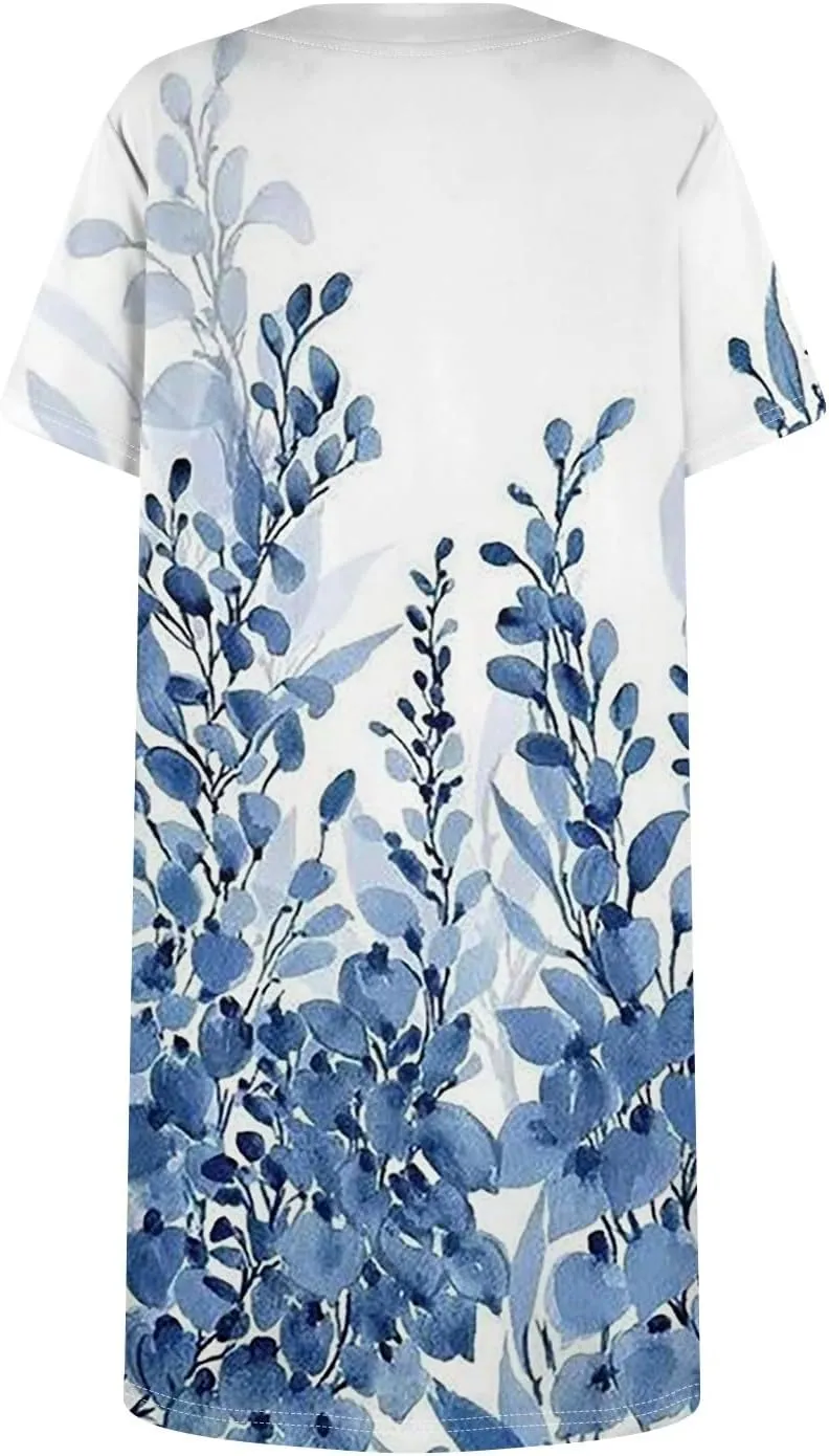 Women's Midi Dresses Summer Casual Trendy Dress Square Neck Short Sleeve Floral Print Solid Dresses, S-2XL