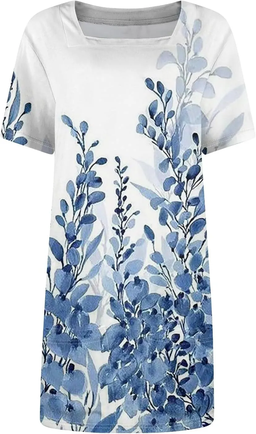 Women's Midi Dresses Summer Casual Trendy Dress Square Neck Short Sleeve Floral Print Solid Dresses, S-2XL