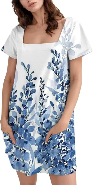 Women's Midi Dresses Summer Casual Trendy Dress Square Neck Short Sleeve Floral Print Solid Dresses, S-2XL