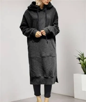 Women's Midi Fleece Shift Hoodie Dresses Long Sleeve Oversized Hooded Sweatshirt Dress Drop Shoulder Long Dresses with Pocket