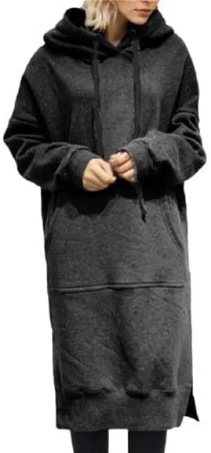 Women's Midi Fleece Shift Hoodie Dresses Long Sleeve Oversized Hooded Sweatshirt Dress Drop Shoulder Long Dresses with Pocket
