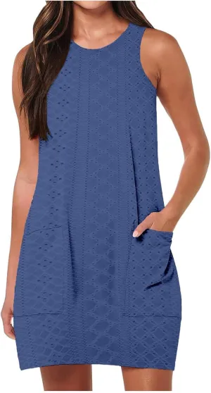 Women's Mini Dress Sleeveless Crewneck Vest Dresses Summer Pullover Casual Fit Beach Vacation Dress with Pockets