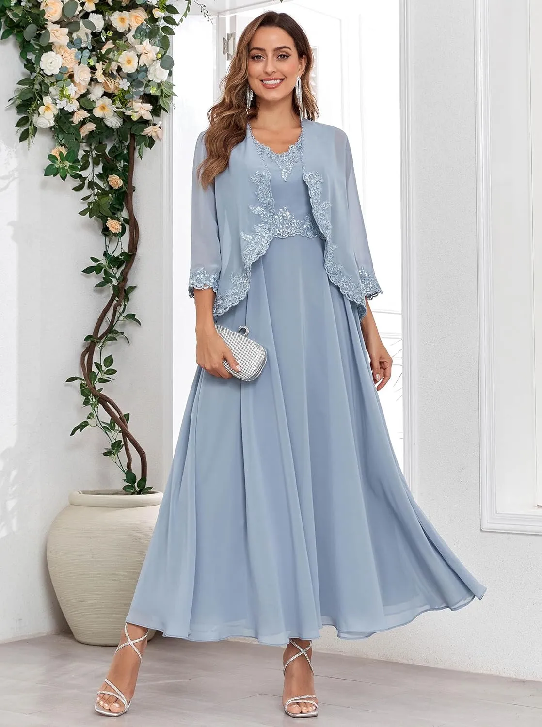 Women's Mother of The Bride Dresses for Wedding with Jackets 2 Piece Formal Evening Gown