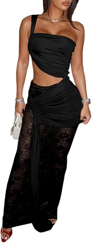 Womens One Off Shoulder Maxi Dresses Sexy Bodycon Mesh Lace Ruched Split Hollow Out Wrap Dress Cocktail Party Clubwear