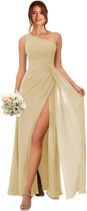 Women's One Shoulder Bridesmaid Dresses Long A-Line Ruched Split Formal Prom Evening Dress MA08