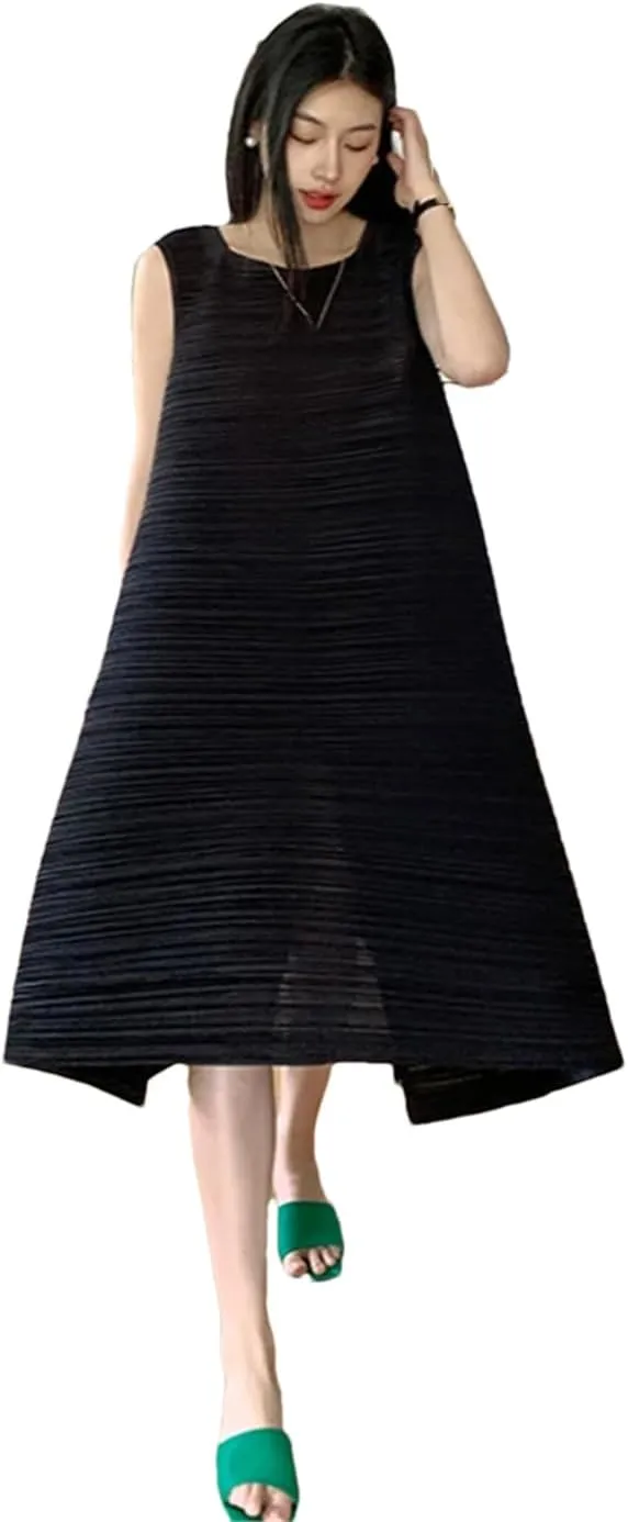 Women's Pleated Loose Plus Size Dress Solid Sleeveless Crewneck A-Line Casual Midi Dresses
