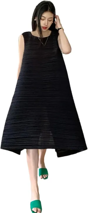Women's Pleated Loose Plus Size Dress Solid Sleeveless Crewneck A-Line Casual Midi Dresses