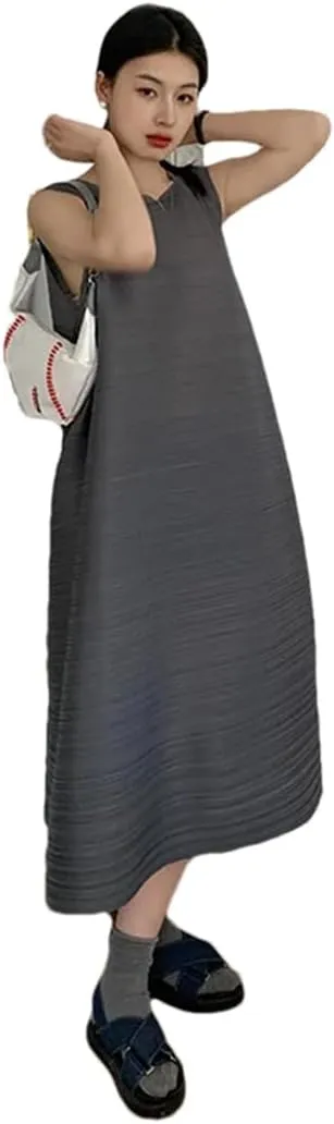Women's Pleated Loose Plus Size Dress Solid Sleeveless Crewneck A-Line Casual Midi Dresses