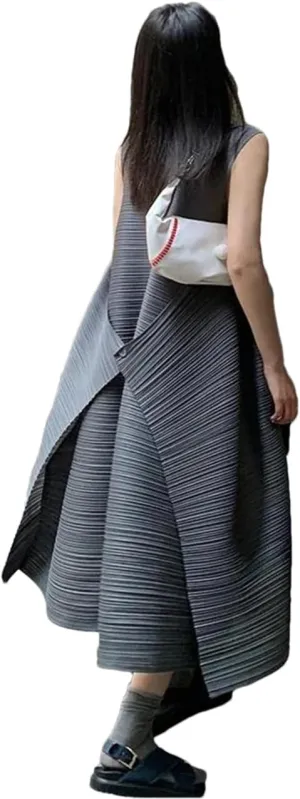 Women's Pleated Loose Plus Size Dress Solid Sleeveless Crewneck A-Line Casual Midi Dresses