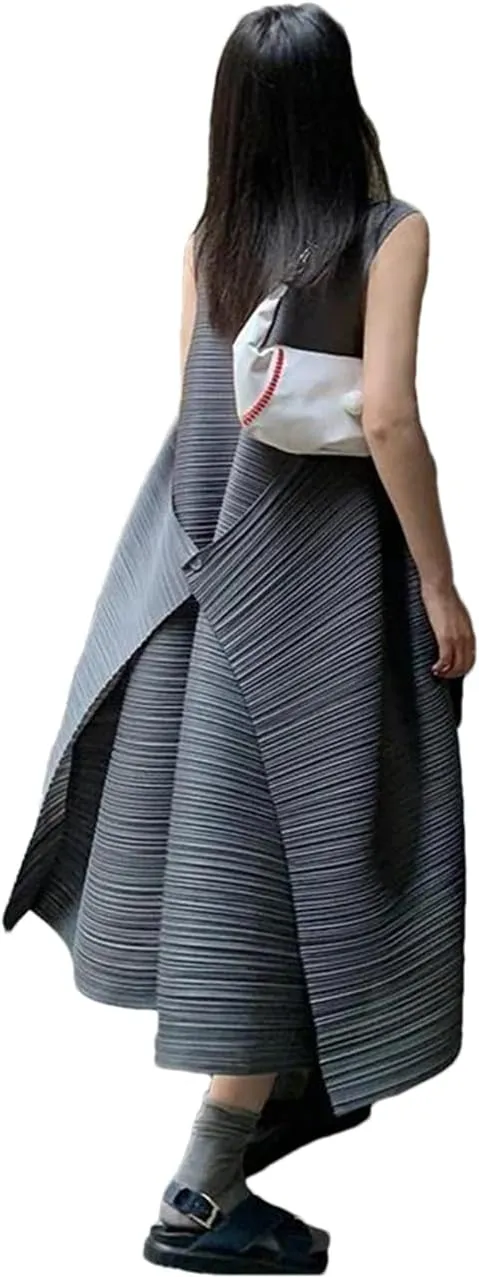 Women's Pleated Loose Plus Size Dress Solid Sleeveless Crewneck A-Line Casual Midi Dresses
