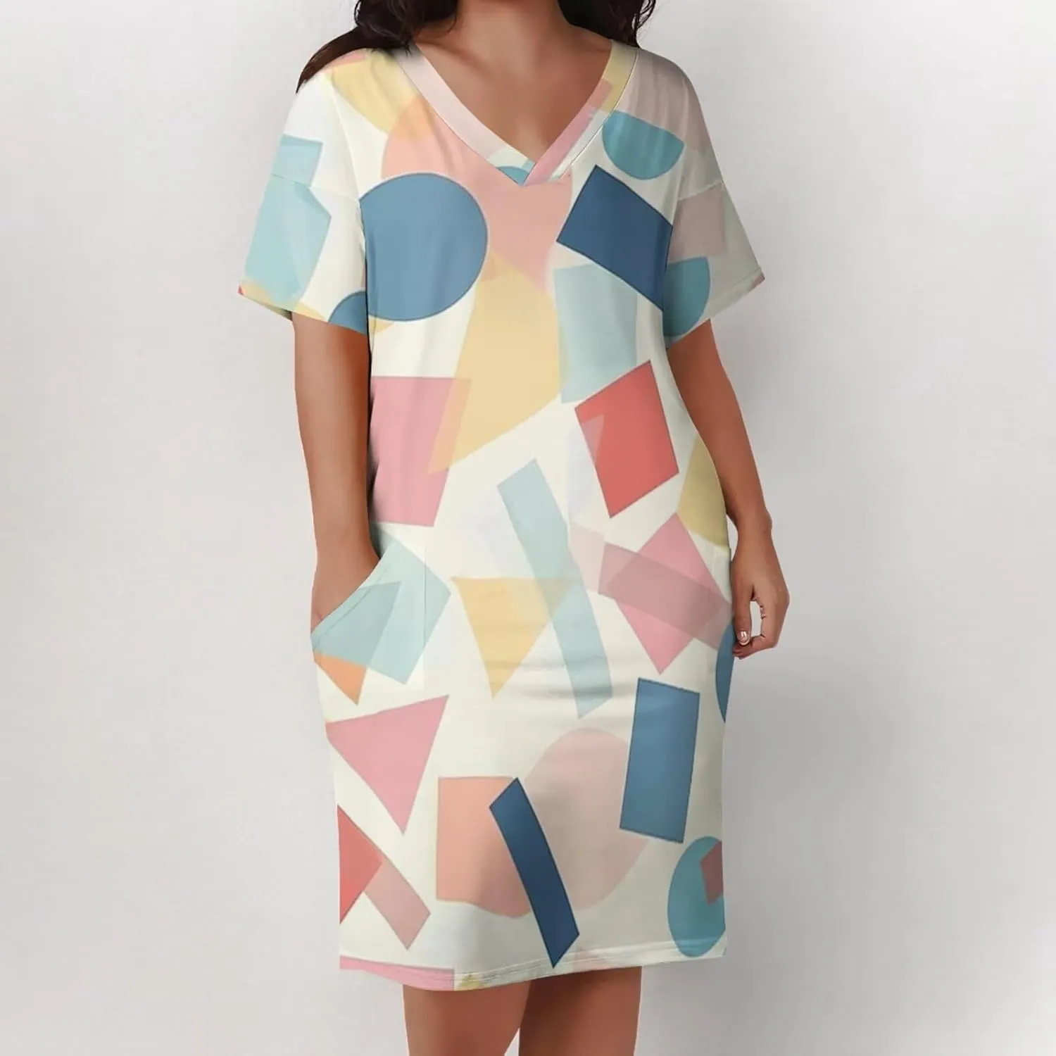 Women's Plus Size Dress Summer Casual Boho Short Sleeve V Neck with Pockets Loose A Line Midi Dresses