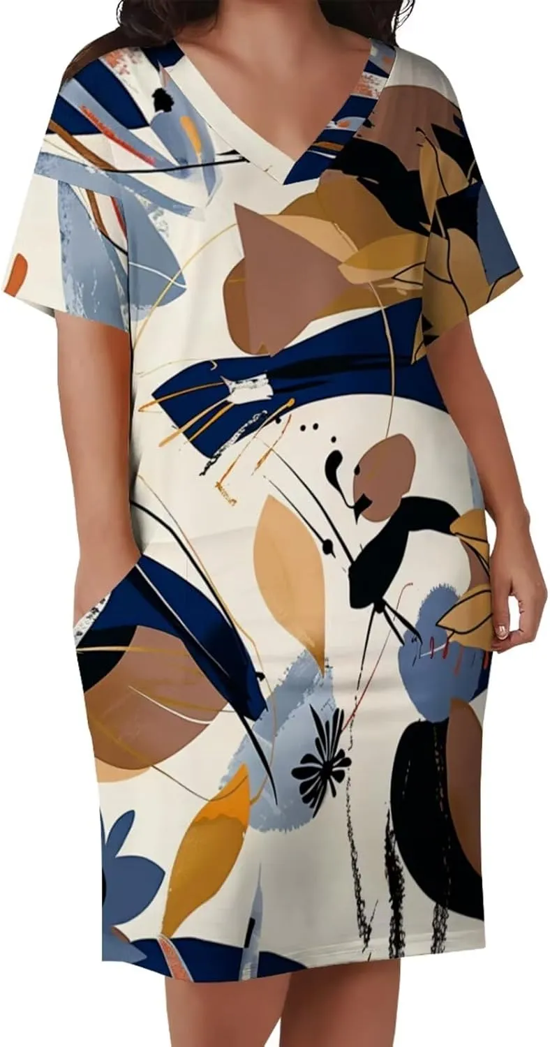 Women's Plus Size Dress Summer Casual Boho Short Sleeve V Neck with Pockets Loose A Line Midi Dresses