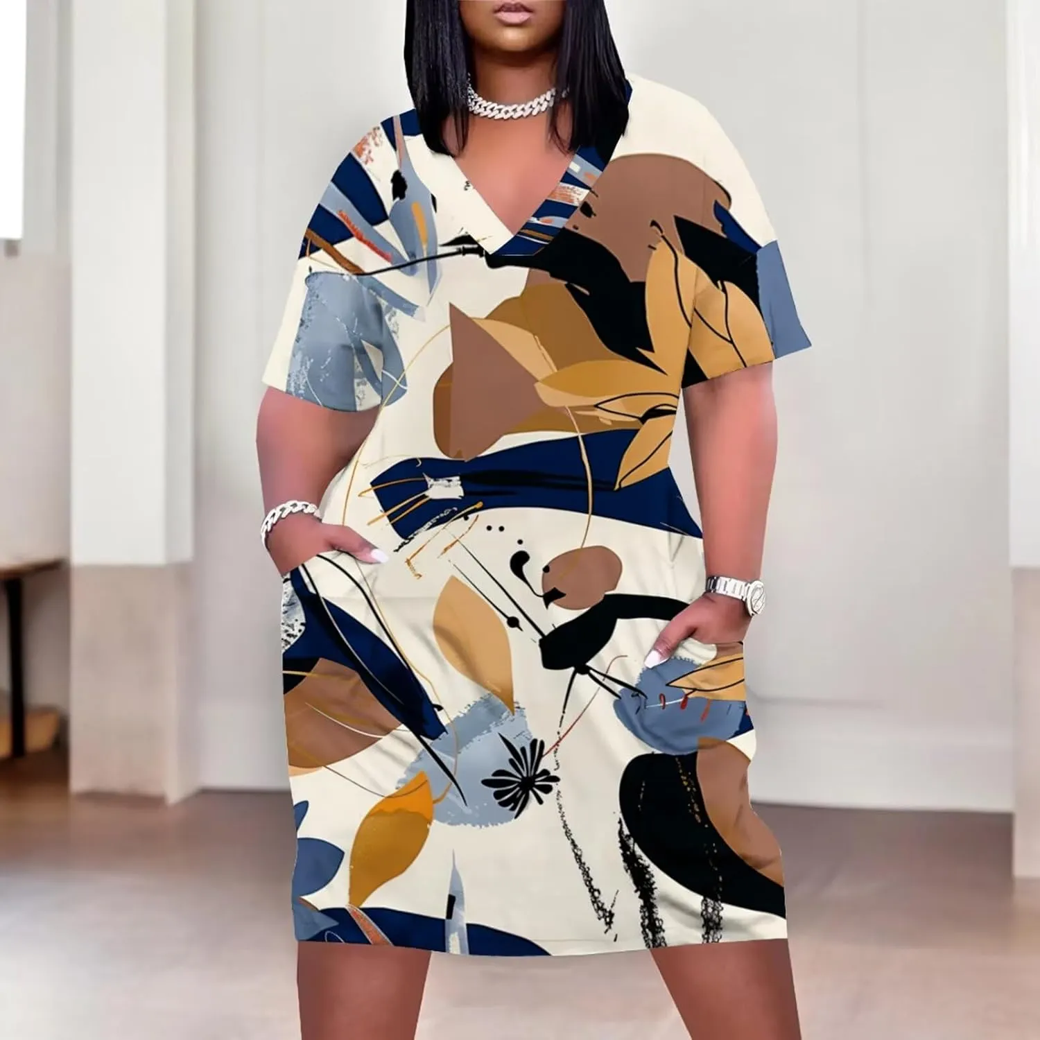 Women's Plus Size Dress Summer Casual Boho Short Sleeve V Neck with Pockets Loose A Line Midi Dresses