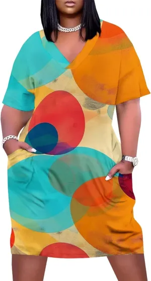 Women's Plus Size Dress Summer Casual Boho Short Sleeve V Neck with Pockets Loose A Line Midi Dresses