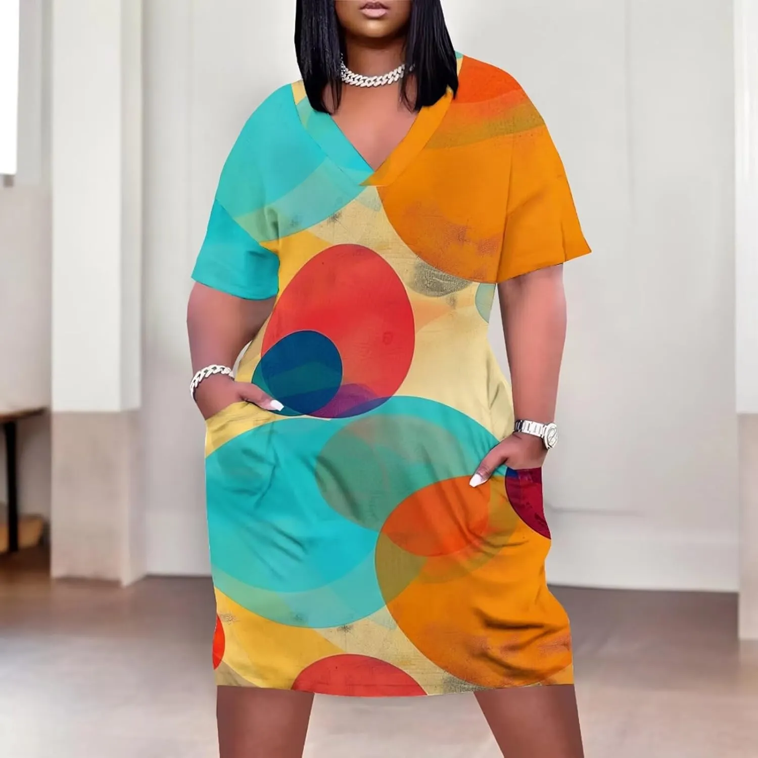 Women's Plus Size Dress Summer Casual Boho Short Sleeve V Neck with Pockets Loose A Line Midi Dresses
