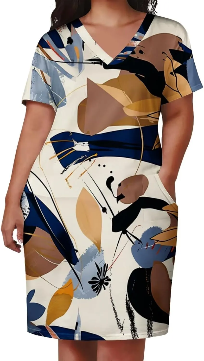 Women's Plus Size Dress Summer Casual Boho Short Sleeve V Neck with Pockets Loose A Line Midi Dresses