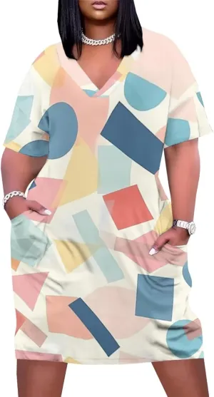 Women's Plus Size Dress Summer Casual Boho Short Sleeve V Neck with Pockets Loose A Line Midi Dresses