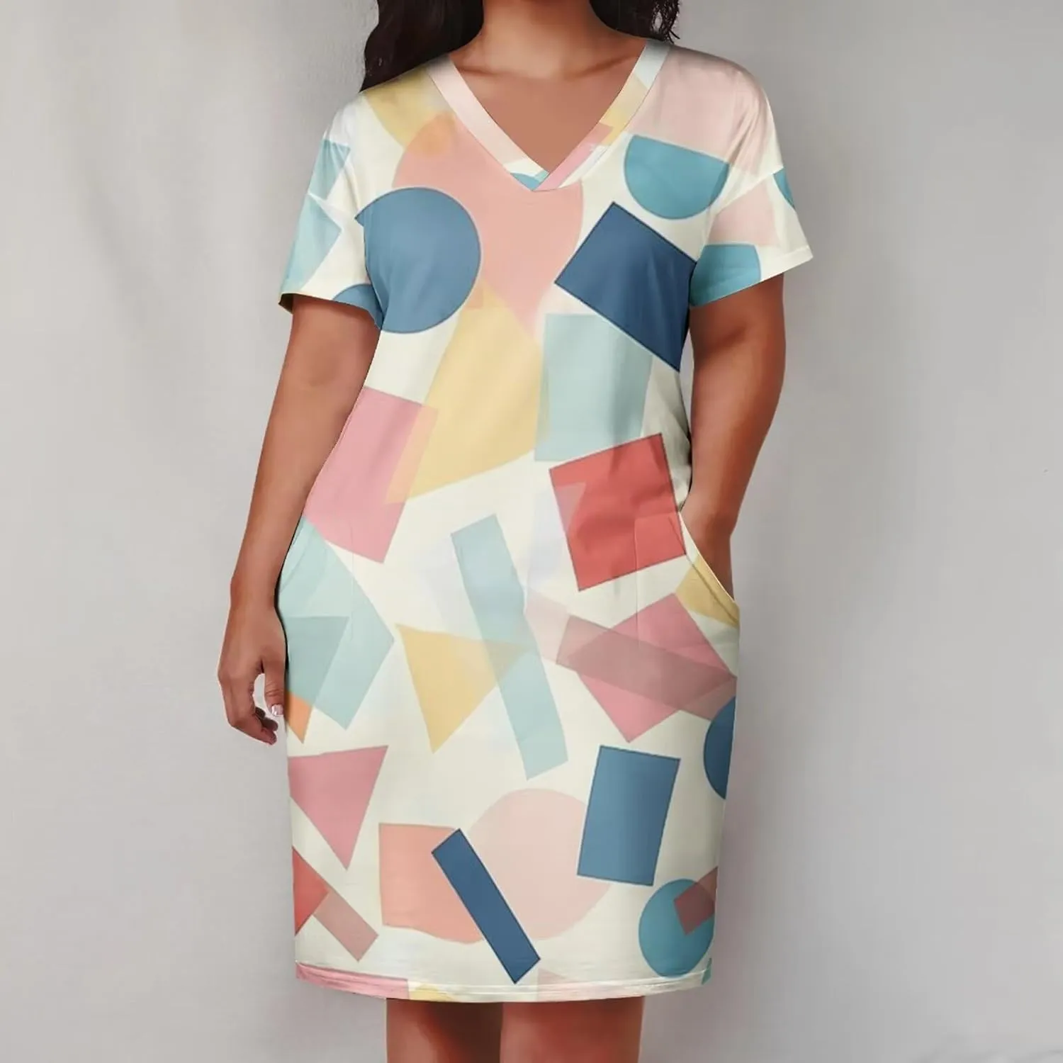 Women's Plus Size Dress Summer Casual Boho Short Sleeve V Neck with Pockets Loose A Line Midi Dresses