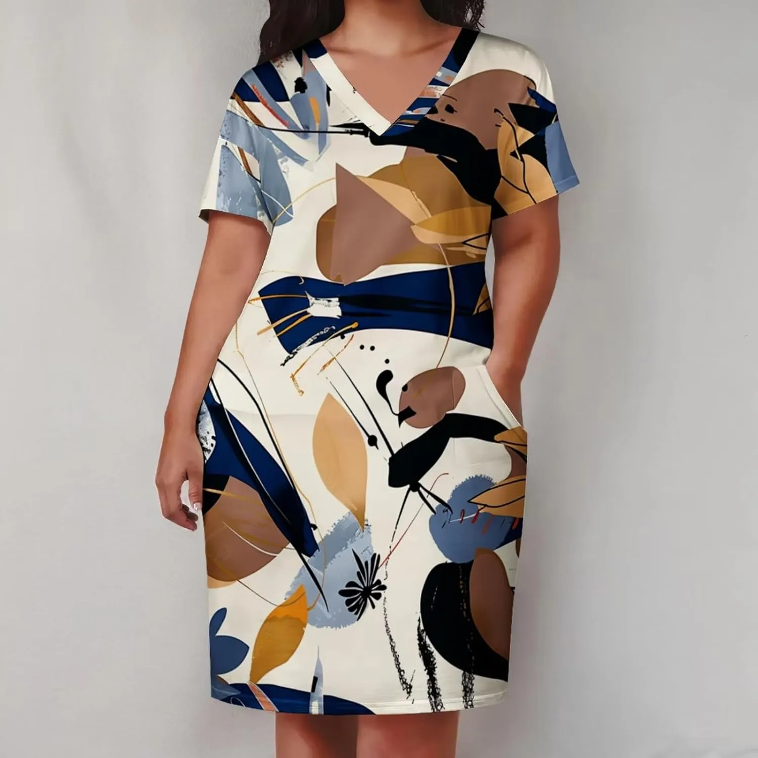 Women's Plus Size Dress Summer Casual Boho Short Sleeve V Neck with Pockets Loose A Line Midi Dresses