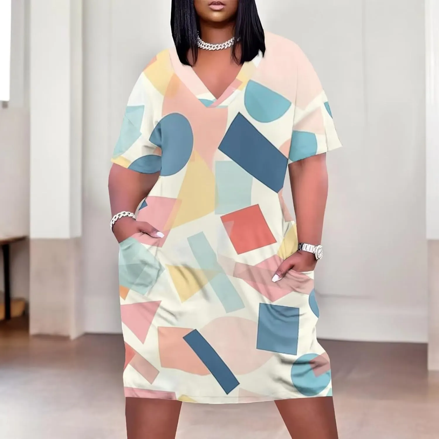 Women's Plus Size Dress Summer Casual Boho Short Sleeve V Neck with Pockets Loose A Line Midi Dresses
