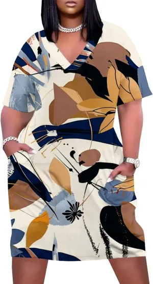 Women's Plus Size Dress Summer Casual Boho Short Sleeve V Neck with Pockets Loose A Line Midi Dresses
