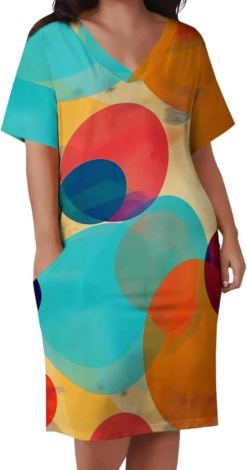 Women's Plus Size Dress Summer Casual Boho Short Sleeve V Neck with Pockets Loose A Line Midi Dresses