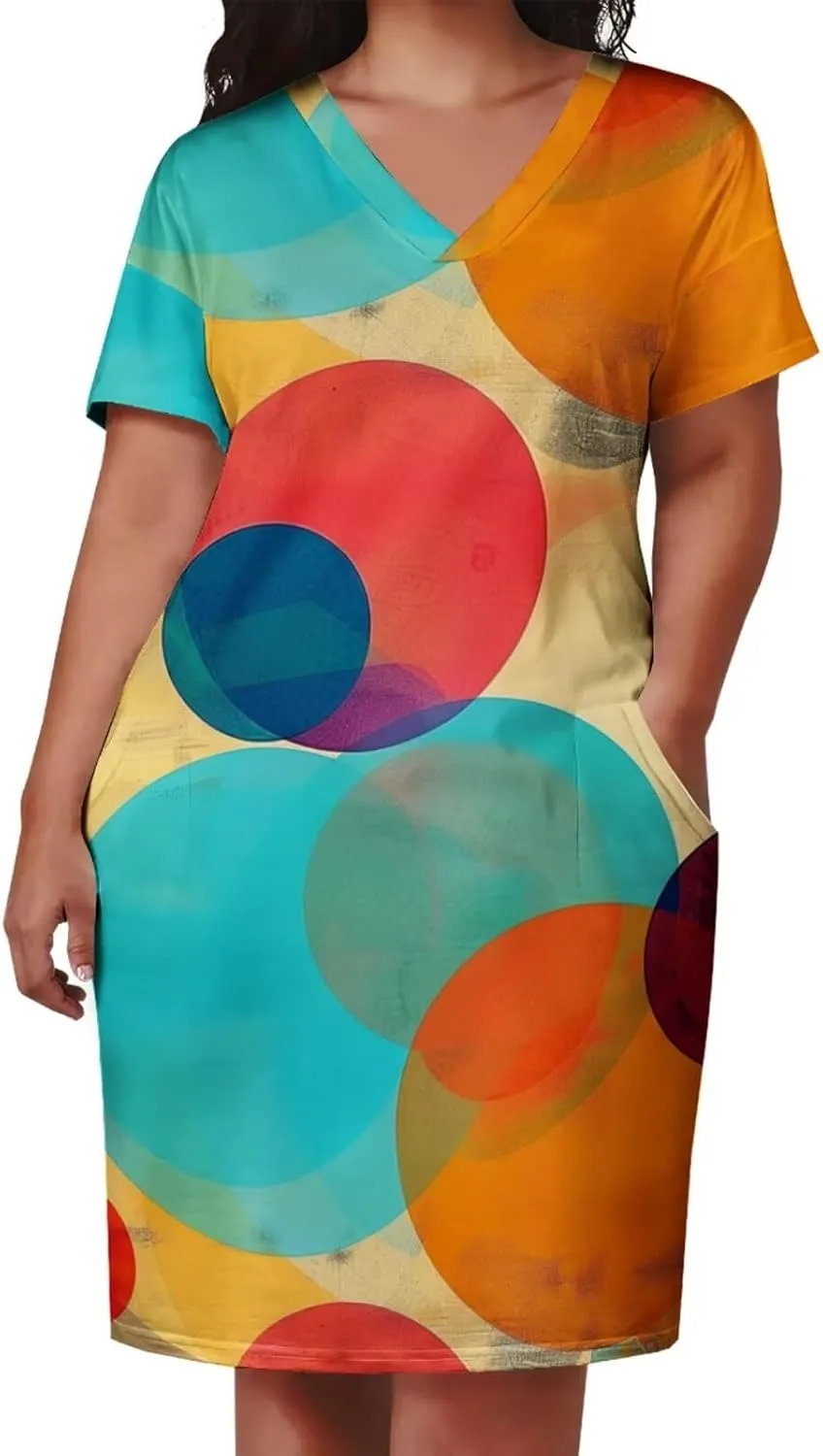 Women's Plus Size Dress Summer Casual Boho Short Sleeve V Neck with Pockets Loose A Line Midi Dresses
