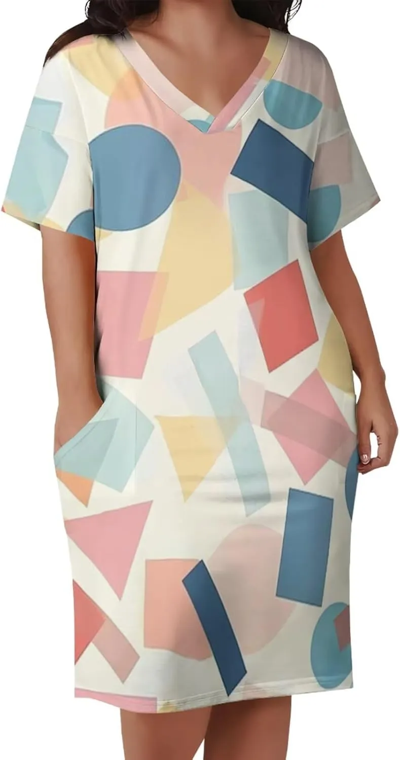 Women's Plus Size Dress Summer Casual Boho Short Sleeve V Neck with Pockets Loose A Line Midi Dresses