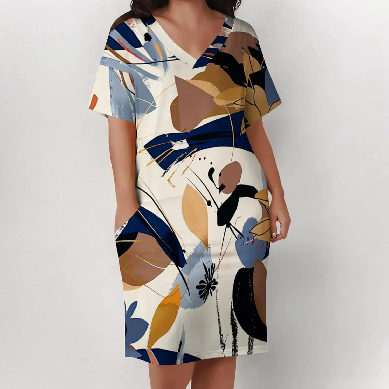 Women's Plus Size Dress Summer Casual Boho Short Sleeve V Neck with Pockets Loose A Line Midi Dresses