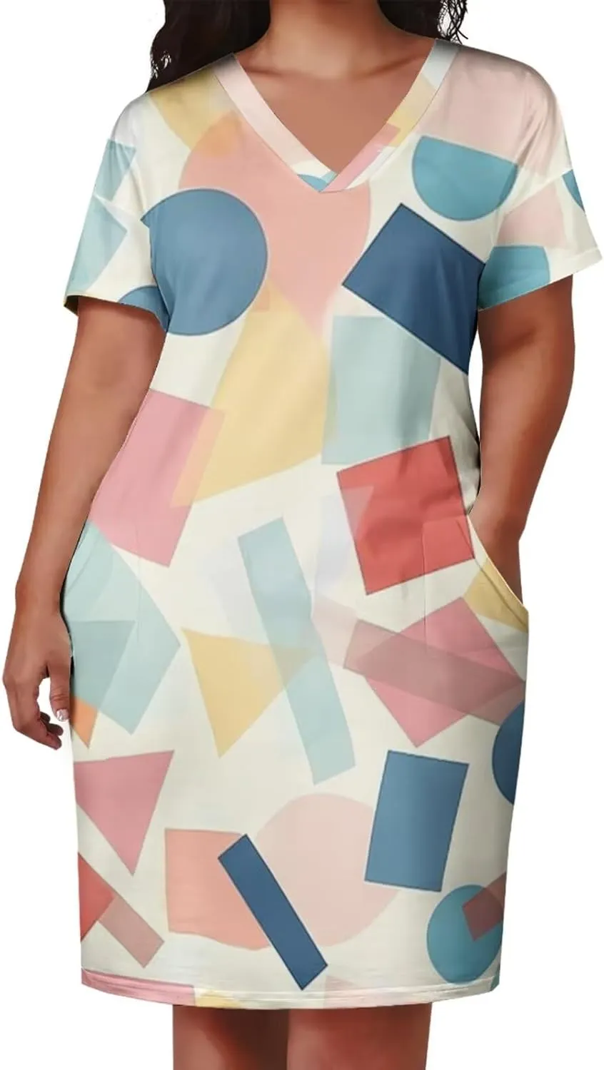 Women's Plus Size Dress Summer Casual Boho Short Sleeve V Neck with Pockets Loose A Line Midi Dresses