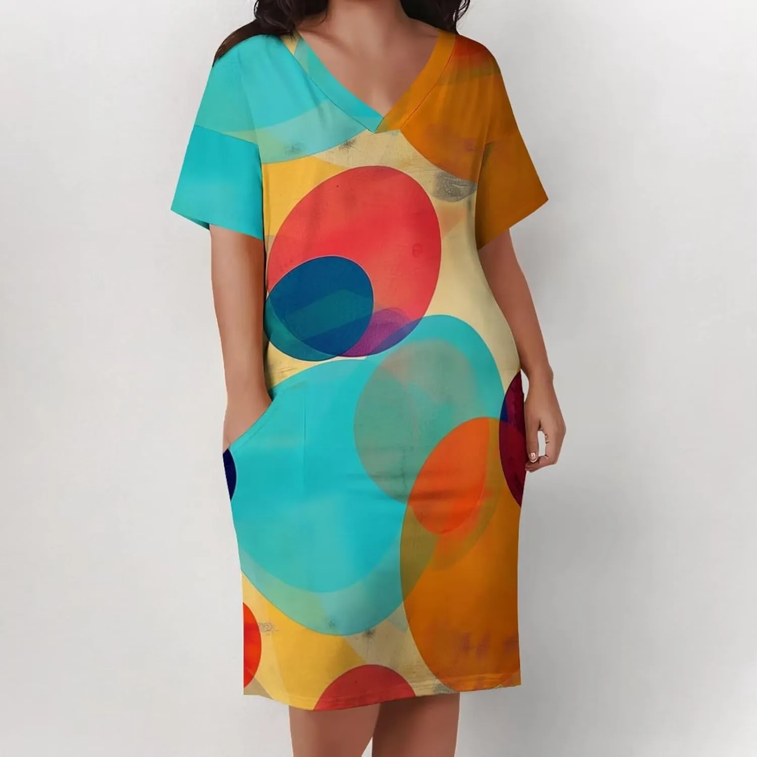 Women's Plus Size Dress Summer Casual Boho Short Sleeve V Neck with Pockets Loose A Line Midi Dresses