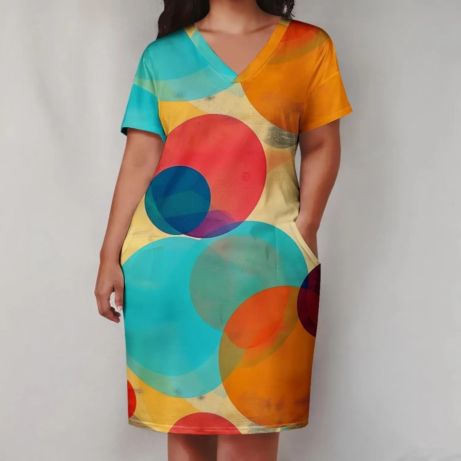 Women's Plus Size Dress Summer Casual Boho Short Sleeve V Neck with Pockets Loose A Line Midi Dresses