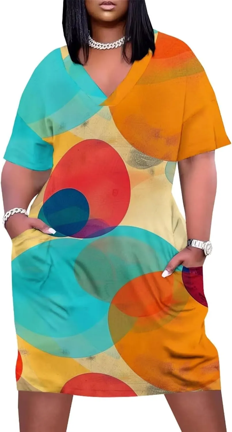 Women's Plus Size Dress Summer Casual Boho Short Sleeve V Neck with Pockets Loose A Line Midi Dresses