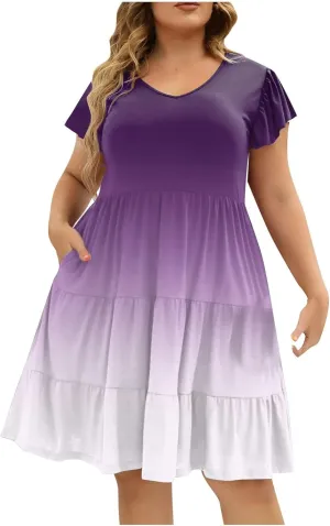 Women's Plus Size Dress V-Neck Tunic Ruffle Short Sleeve A-Line Flowy Pleated Hem Dress Gradient Color Midi Dresses