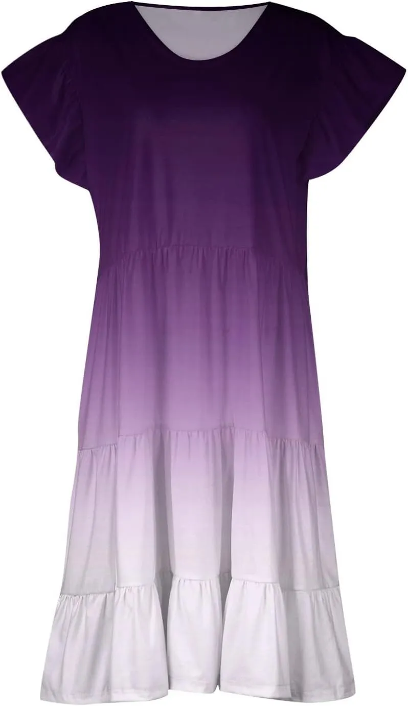 Women's Plus Size Dress V-Neck Tunic Ruffle Short Sleeve A-Line Flowy Pleated Hem Dress Gradient Color Midi Dresses