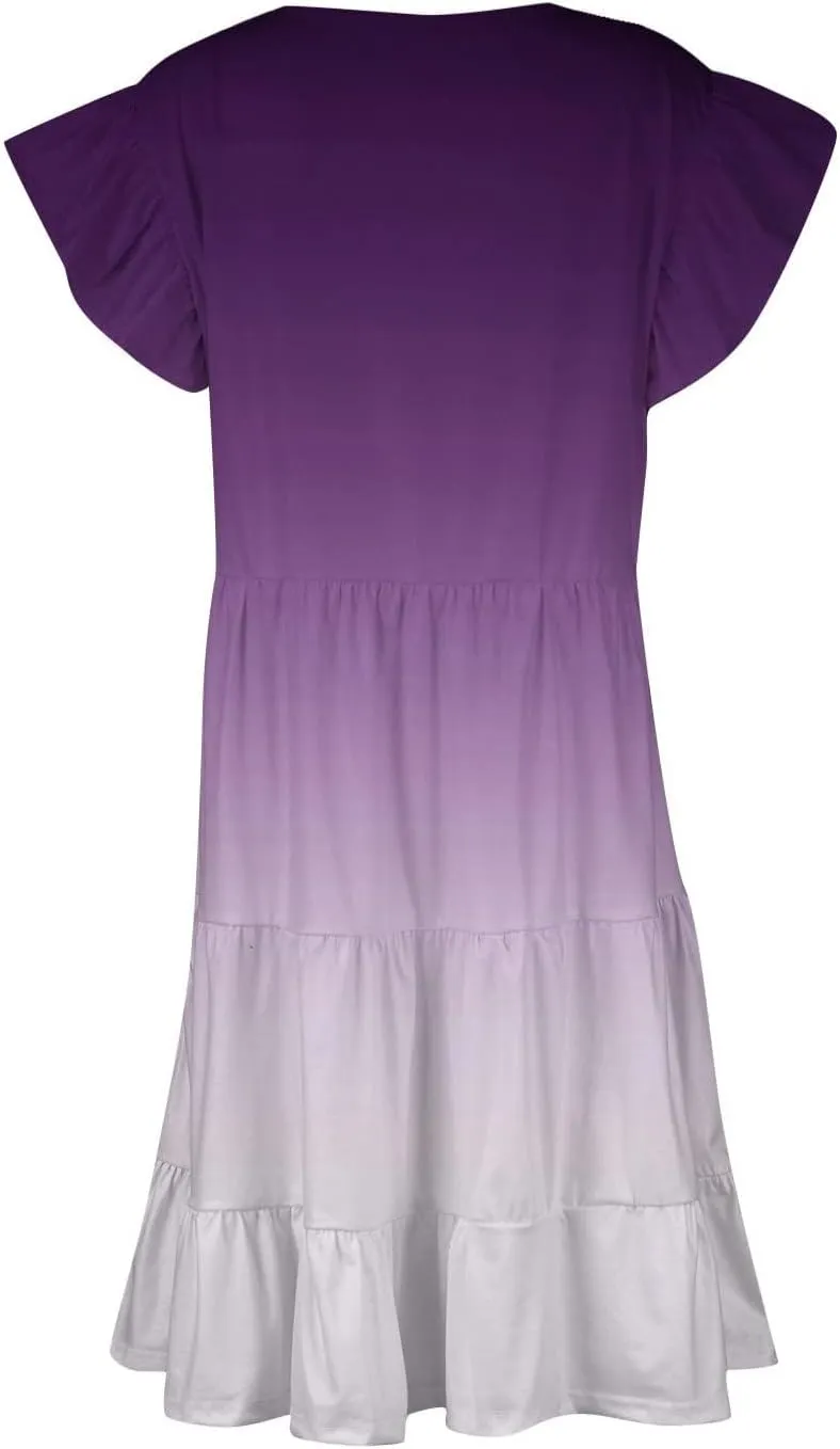 Women's Plus Size Dress V-Neck Tunic Ruffle Short Sleeve A-Line Flowy Pleated Hem Dress Gradient Color Midi Dresses