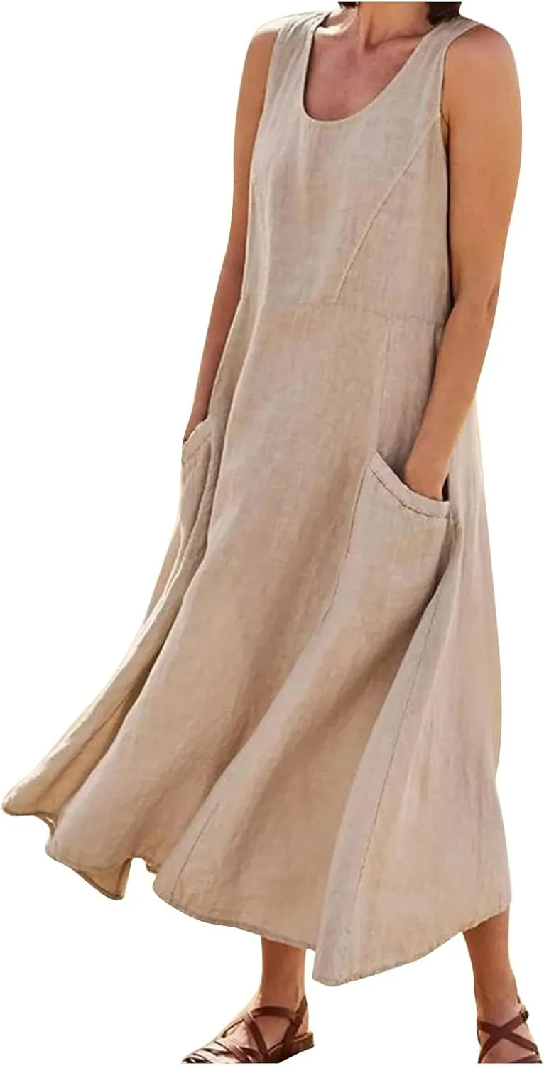 Women's Plus Size Summer Dresses 2025 Trendy Sleeveless Dresses Casual Baggy Flowy Maxi Sun Dresses Pocket