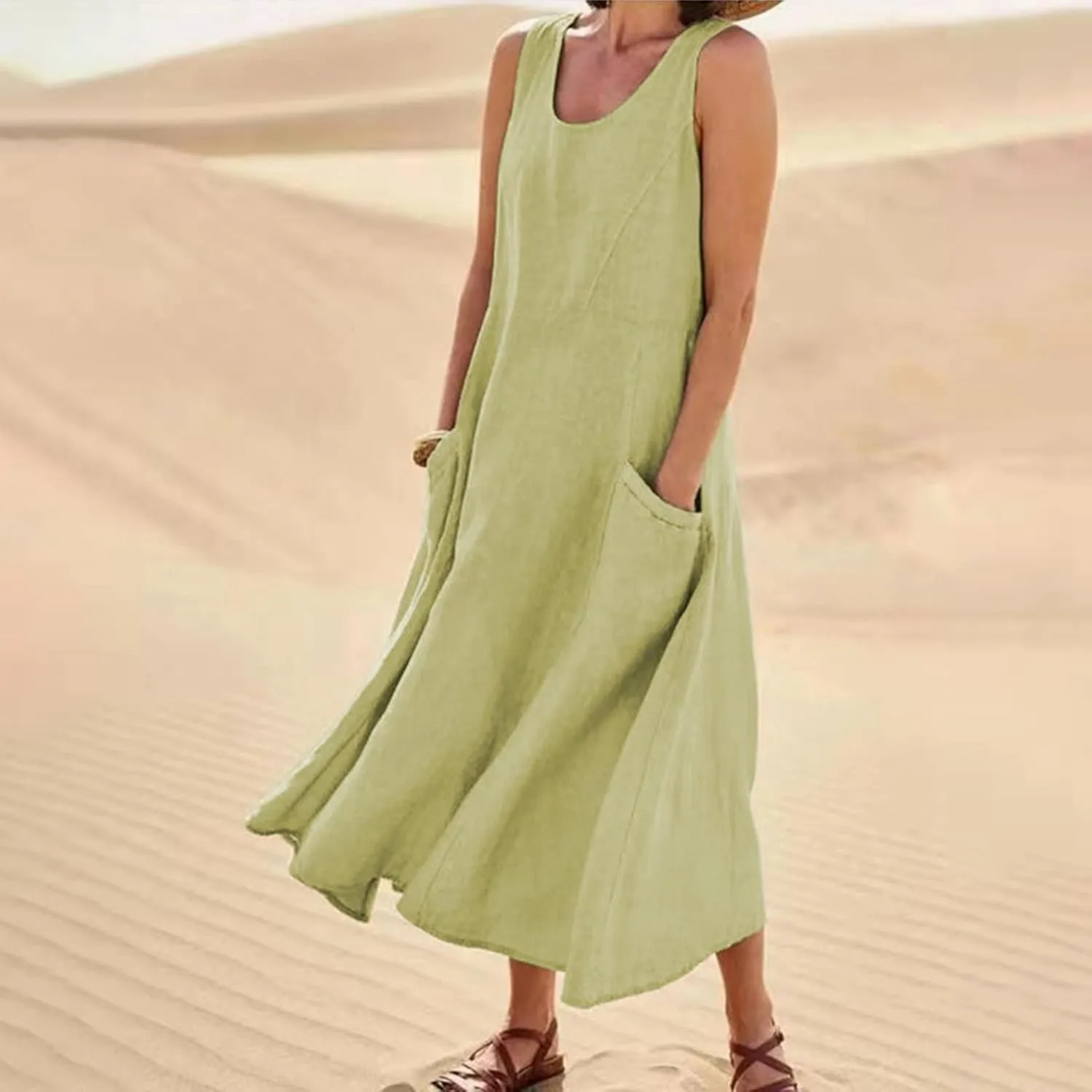 Women's Plus Size Summer Dresses 2025 Trendy Sleeveless Dresses Casual Baggy Flowy Maxi Sun Dresses Pocket