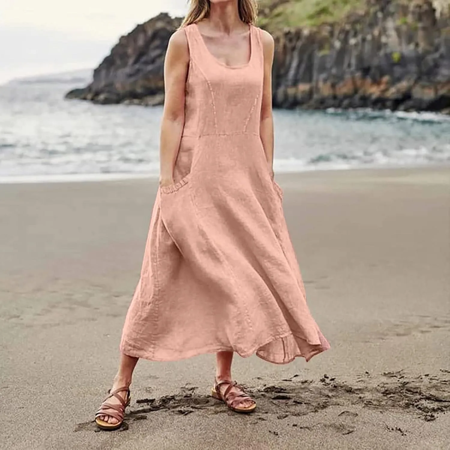 Women's Plus Size Summer Dresses 2025 Trendy Sleeveless Dresses Casual Baggy Flowy Maxi Sun Dresses Pocket