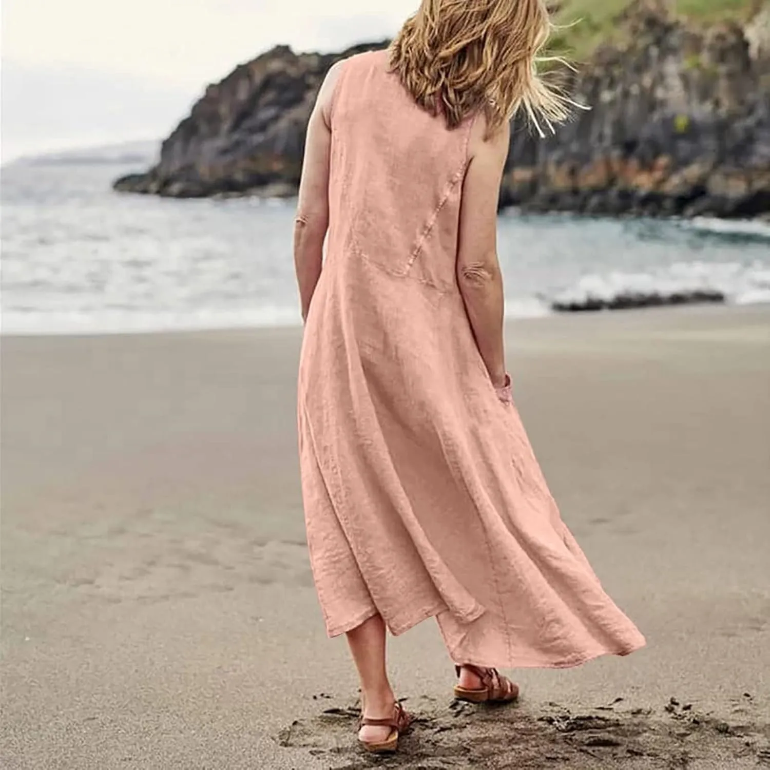 Women's Plus Size Summer Dresses 2025 Trendy Sleeveless Dresses Casual Baggy Flowy Maxi Sun Dresses Pocket