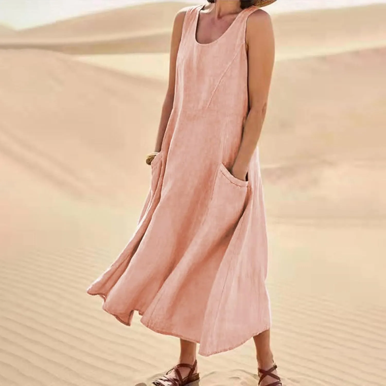 Women's Plus Size Summer Dresses 2025 Trendy Sleeveless Dresses Casual Baggy Flowy Maxi Sun Dresses Pocket