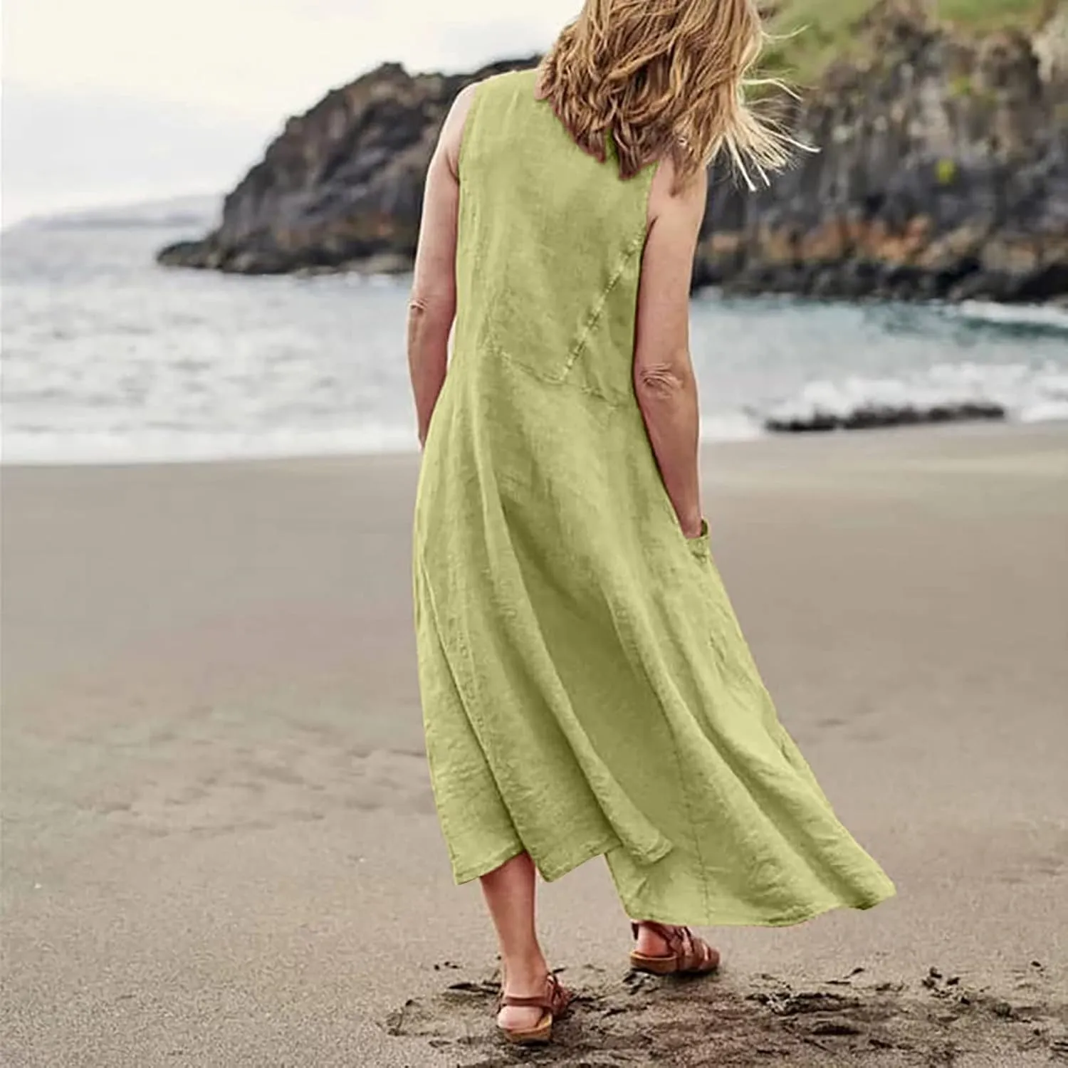 Women's Plus Size Summer Dresses 2025 Trendy Sleeveless Dresses Casual Baggy Flowy Maxi Sun Dresses Pocket