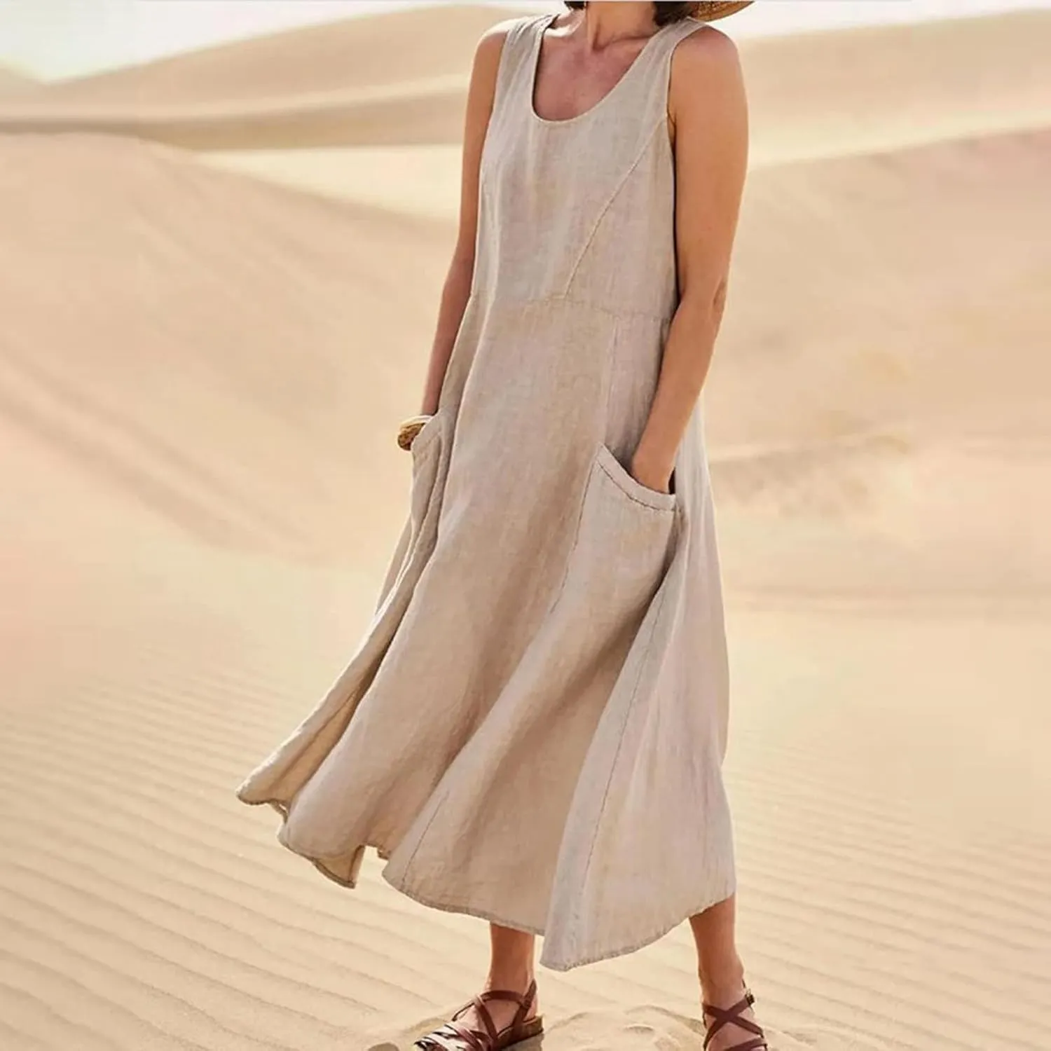 Women's Plus Size Summer Dresses 2025 Trendy Sleeveless Dresses Casual Baggy Flowy Maxi Sun Dresses Pocket